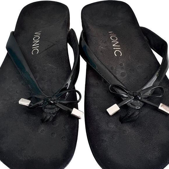 VIONIC Bella Black Patent Thong Sandals Flip Flops 8.5 - Picture 2 of 6
